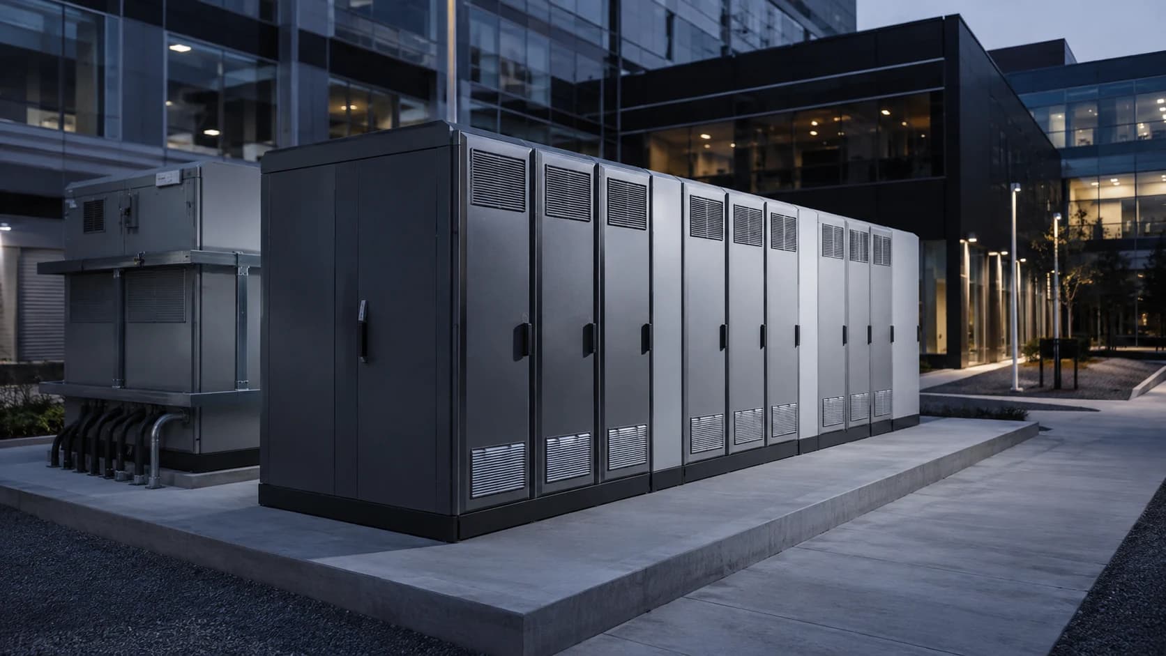 Commercial battery storage installation with ventilated cabinets on a concrete plinth beside a building