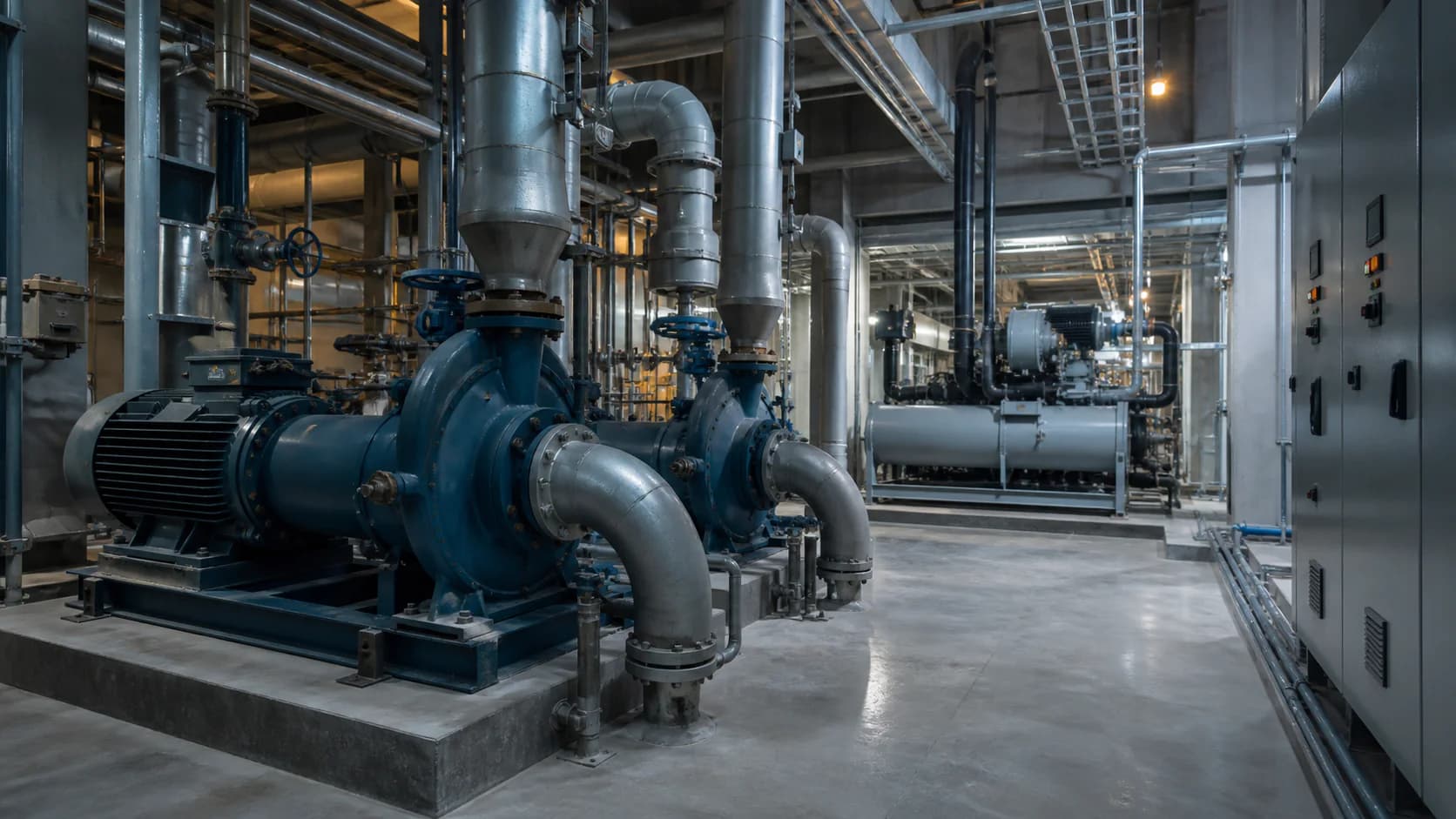 Building mechanical plant with a circulation pump, insulated pipework and electrical cabinets