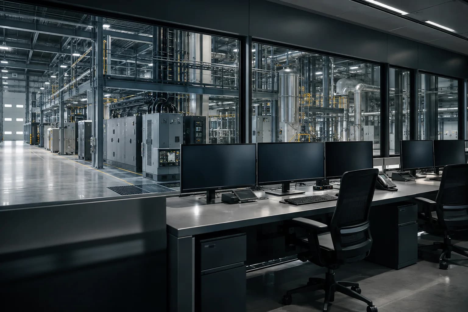 Operational control room connected visually to adjacent physical infrastructure