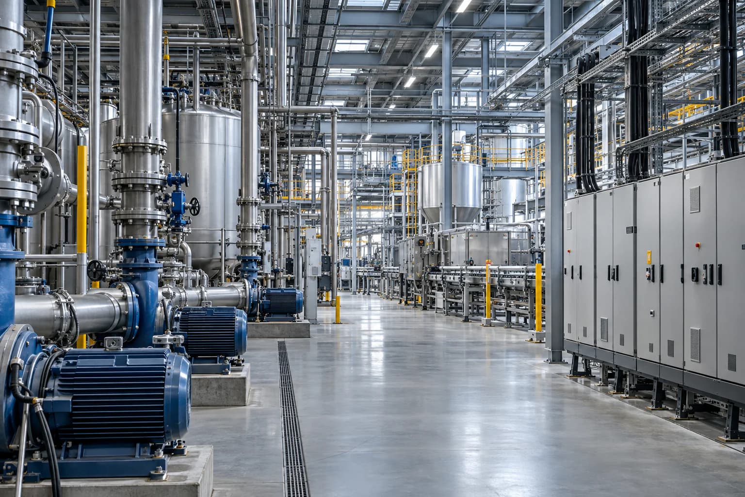 Modern process plant with pumps, pipework and electrical infrastructure