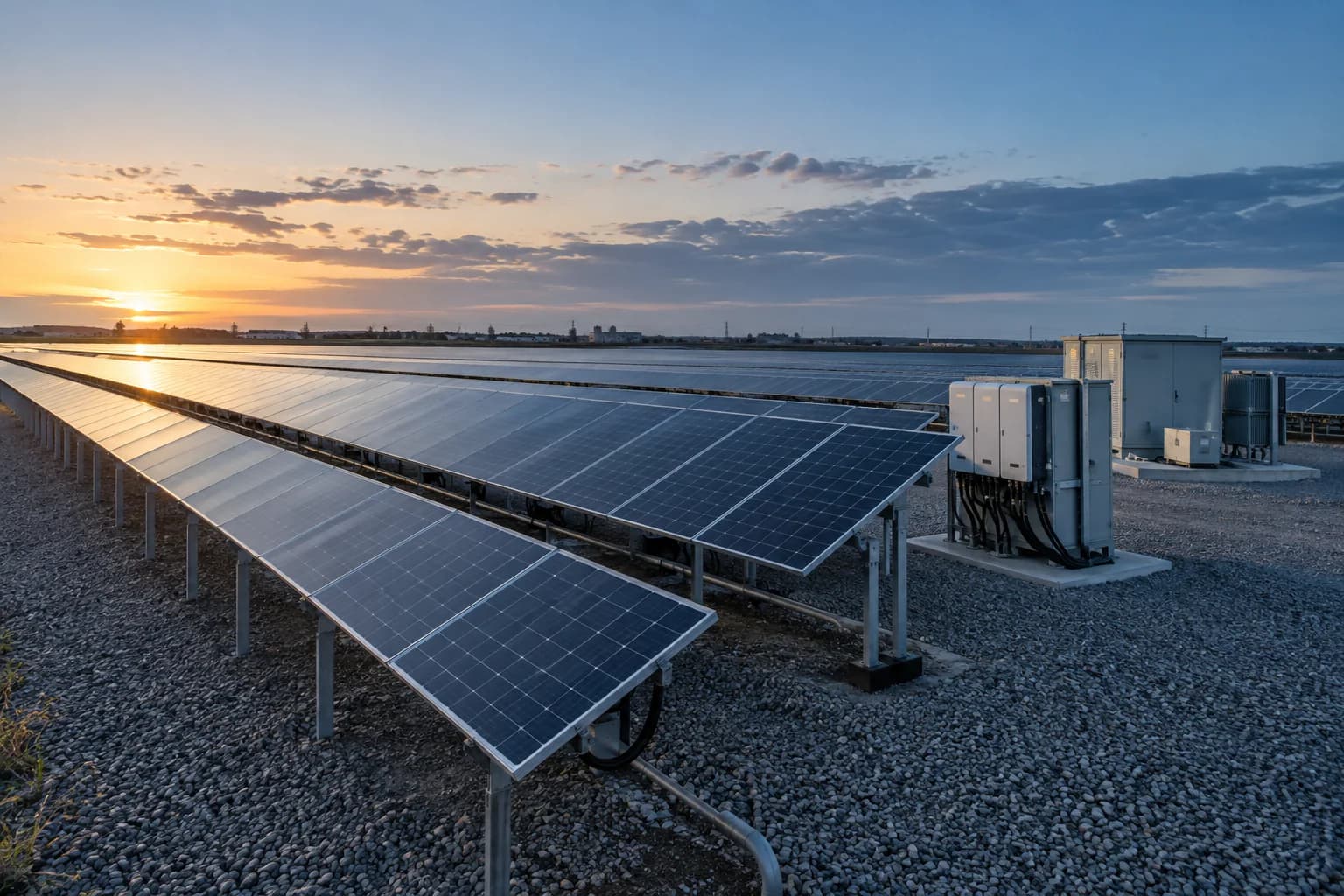 Commercial photovoltaic field with inverter and power-conversion equipment