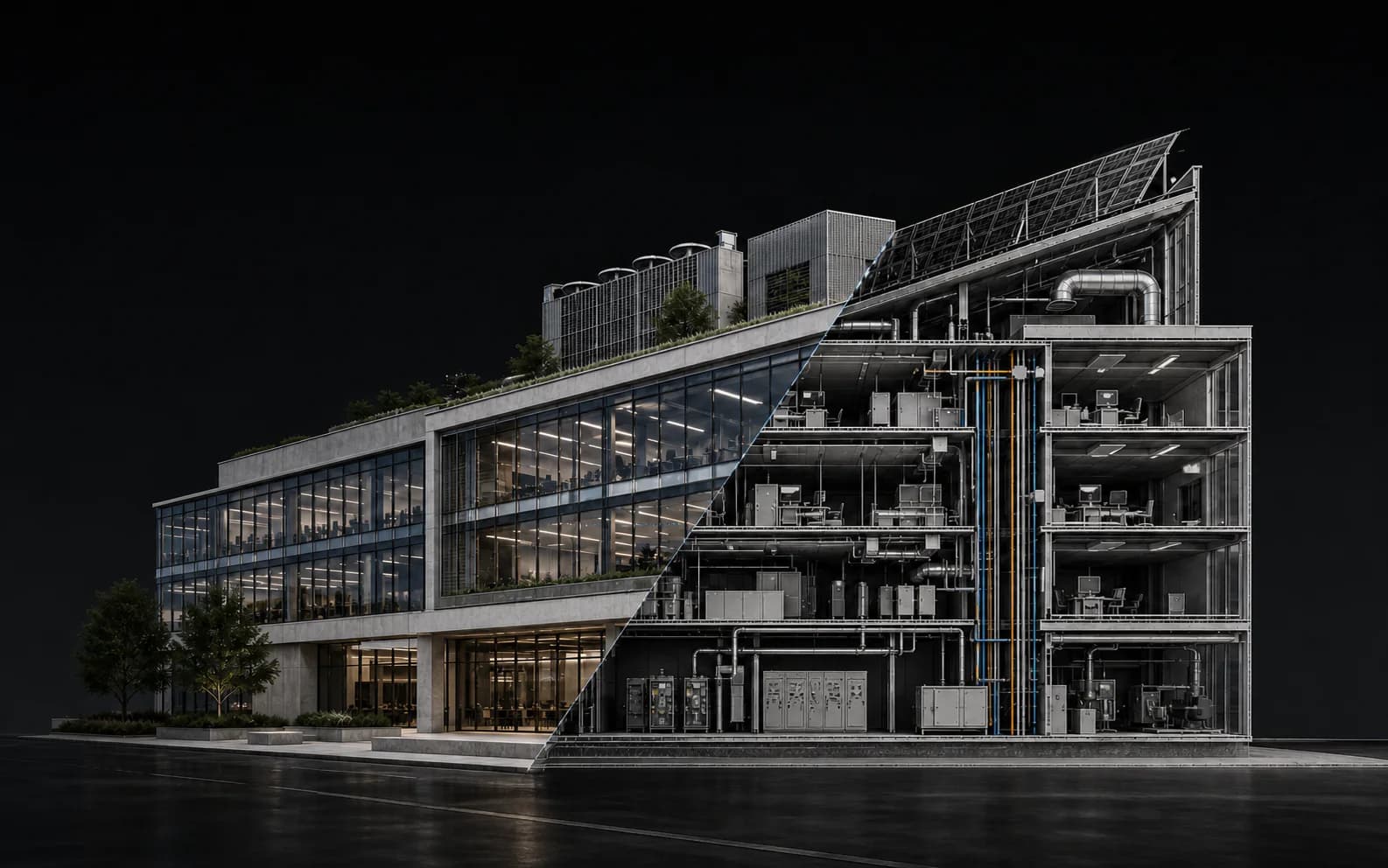 Commercial building transitioning from a physical exterior to a detailed systems cutaway
