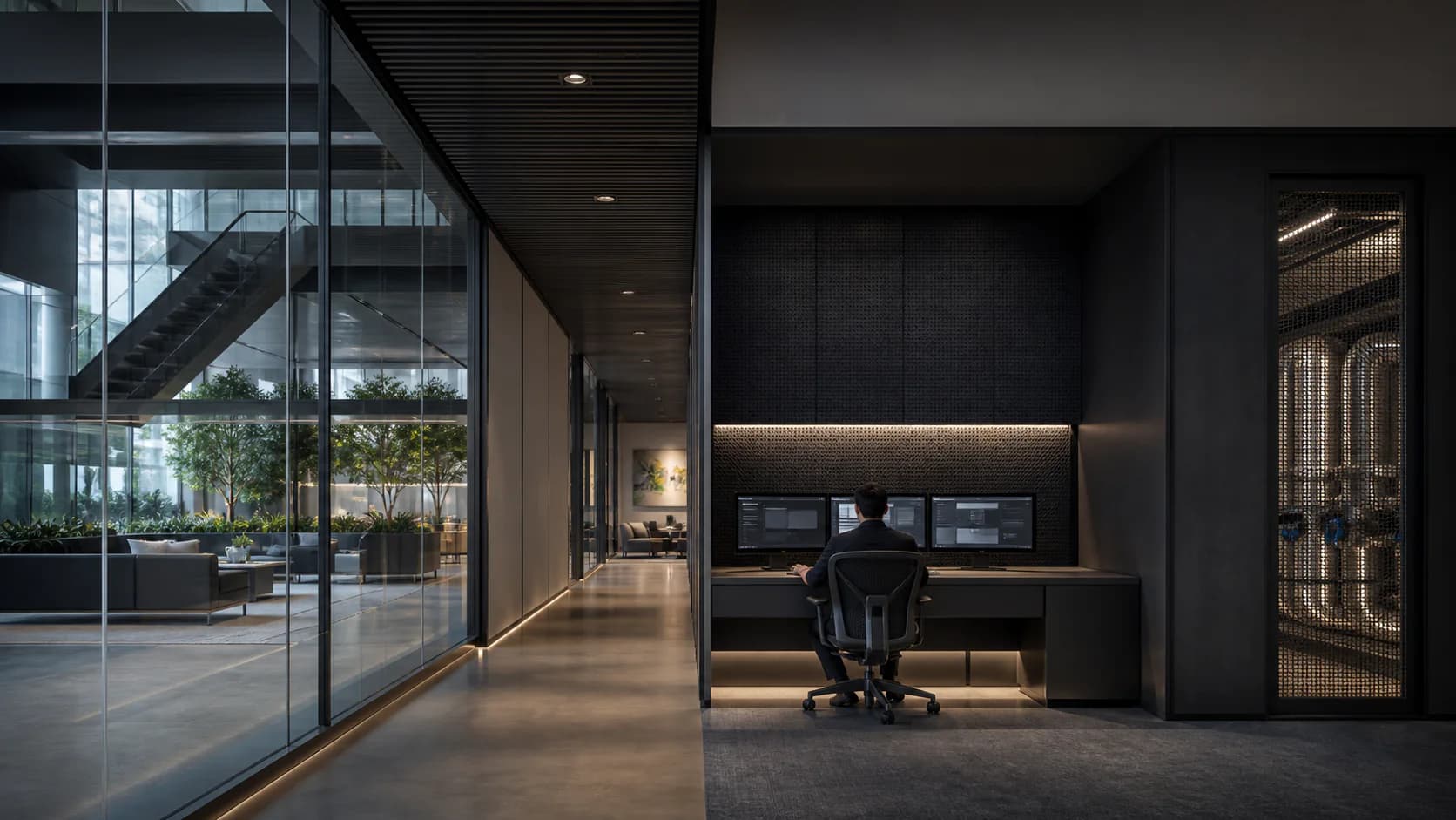 Building operator at a discreet control workspace integrated into a modern commercial interior