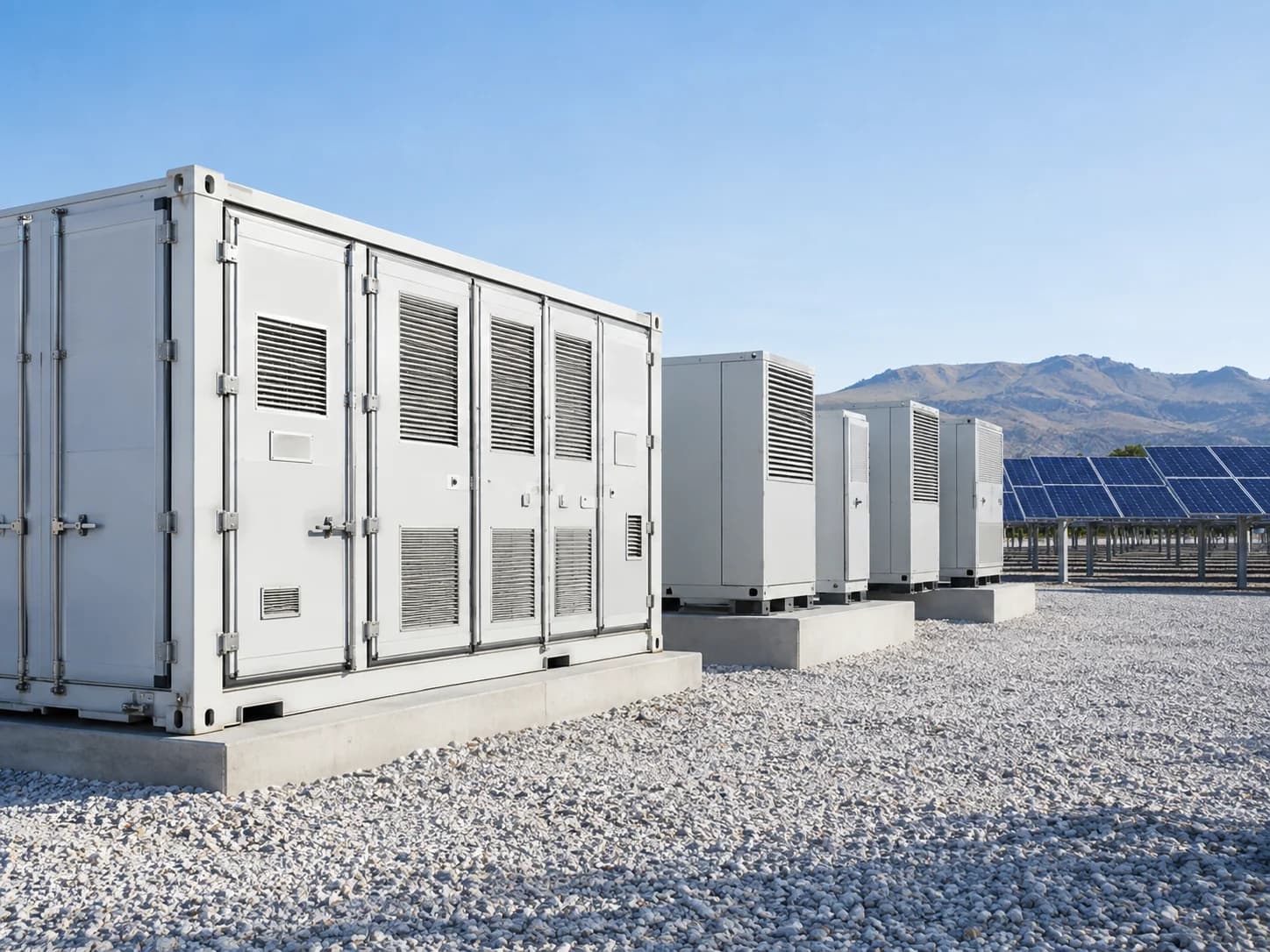 Battery energy storage cabinets installed beside photovoltaic rows in a dry open landscape